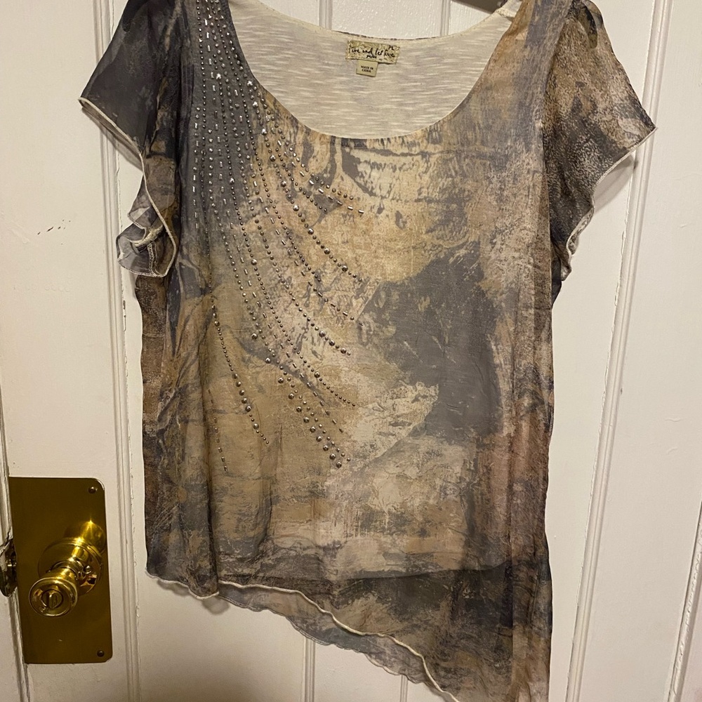Asymmetrical Multicolor-Tan Blouse with Studded Detail